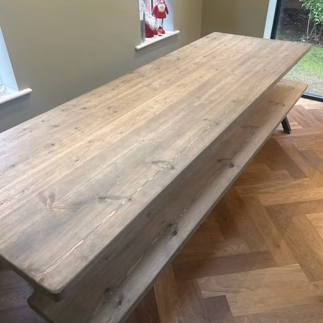 TRL Handmade Furniture Grey Oiled Pine Industrial Rectangle Dining Table with X-Frame Metal Legs W/D/H: 180 x 80 x 75 cm