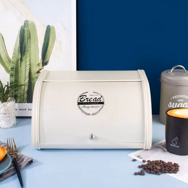 FORGEVIO White Extra Large Metal Bread Box with Roll Top Storage