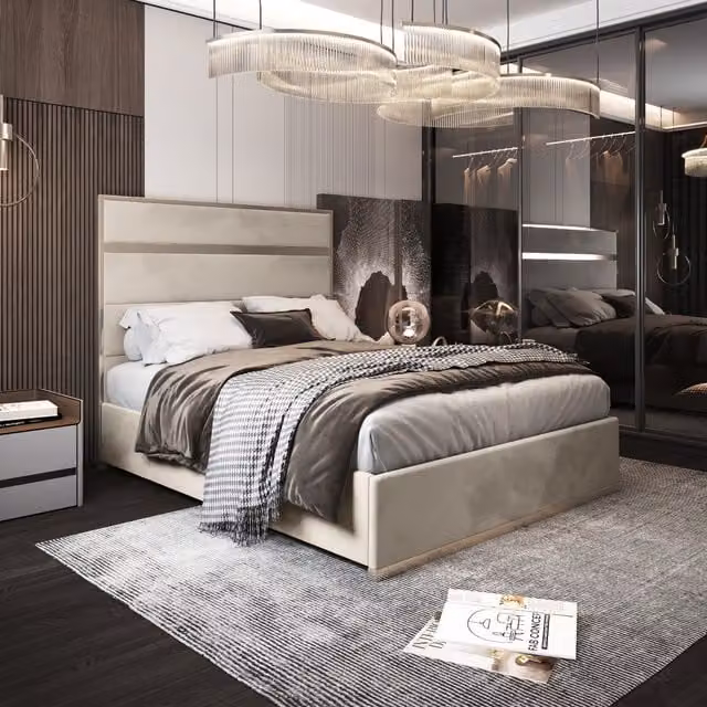 Comfyzone Modern Upholstered Metal Bed Frame in Beige Velvet, W/D/H: 180 x 200 cm