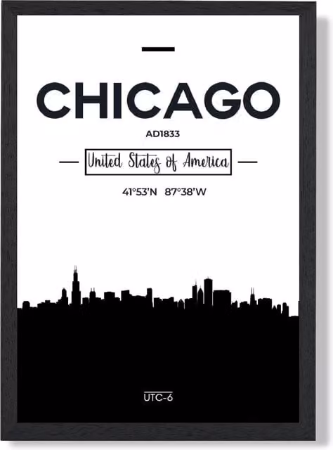 ARTZE Chicago Black and White City Skyline Framed Print in Black Frame