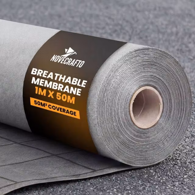 Novecrafto Breathable 3-Layer Waterproof Roofing Membrane Underlay, Grey, W: 1 m, L: 50 m