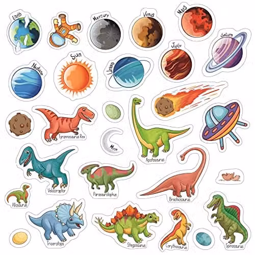 WALPLUS Dinosaurs and Solar System Window Stickers, Removable and Reusable Multicolour Double-Sided Glass Clings for Kids Rooms and Classrooms