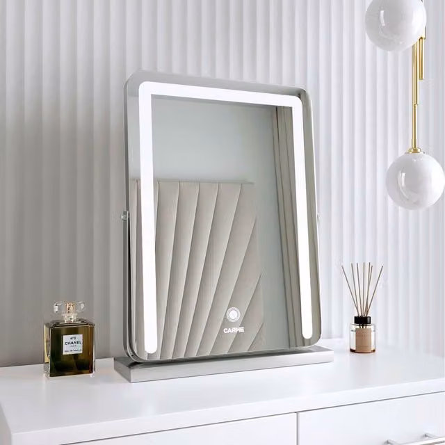 CARME Mia Frameless Rectangular Tabletop LED Mirror with Dimmable Touch Sensor Light in Silver