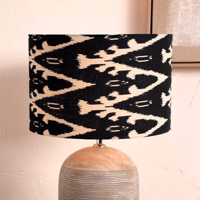 Ruma Black and White Ikat Patterned Cylinder Fabric Lampshade for Table Lamps, Diameter: 30.48 cm