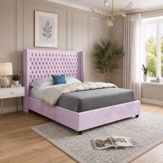 Casani Thwaite Upholstered Pink Velvet Designer Bed Frame W/D/H: 144 x 140 x 200 cm