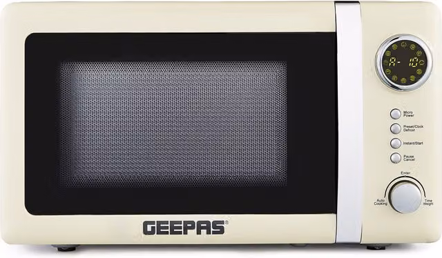Geepas Retrovive 700W Digital Solo Microwave Oven with 12 Automatic Programs and Child Lock, 20L Capacity, Cream
