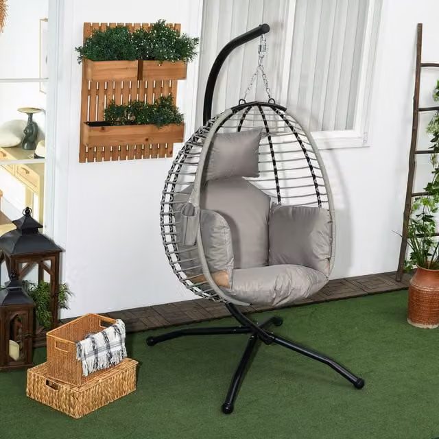 Single Grey Rattan Hanging Egg Chair with Cushions and Powder Coated Steel Frame