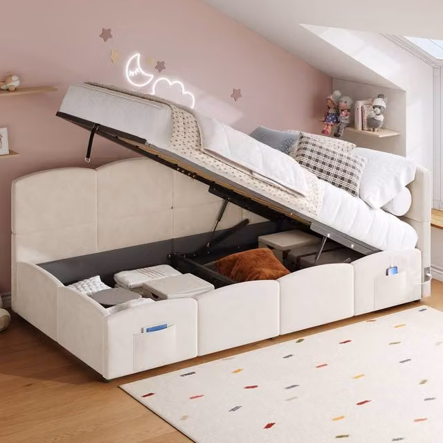 BTM Single Upholstered Velvet Daybed Sofa Bed with Storage and USB Charging Port in Beige