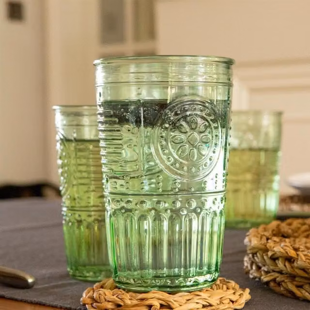 Bormioli Rocco Romantic Floral Green Highball Tumbler Glasses, 340ml, Set of 8