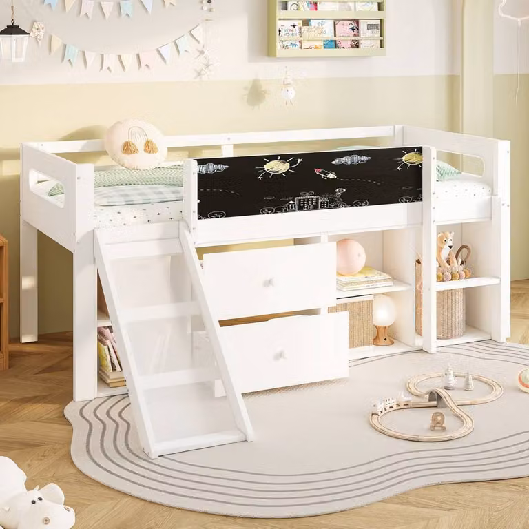 Rolipo White Solid Wood Childrens Cabin Bed with Slide and Blackboard, W/D/H: 140 x 200 cm