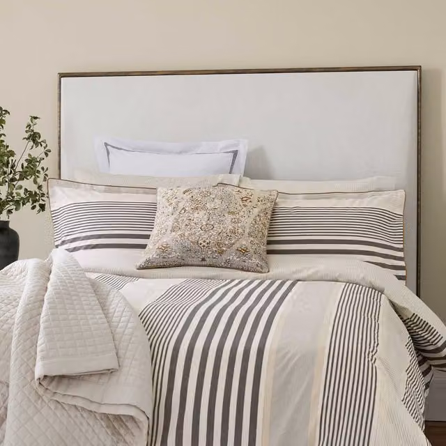 Bedeck of Belfast Alba Super Kingsize Reversible Striped Cotton Percale Duvet Cover and Pillowcase Set, Grey and Beige, W: 200 cm x D: 200 cm