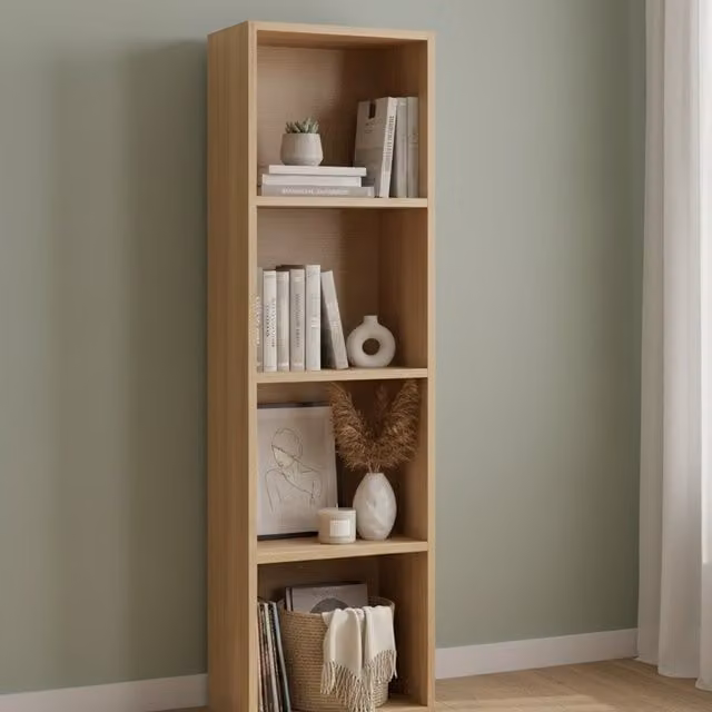 DEENZ Luder 4-Shelf Wooden Cubic Bookcase in Oak, H 106 x W 30.5 x D 24 cm
