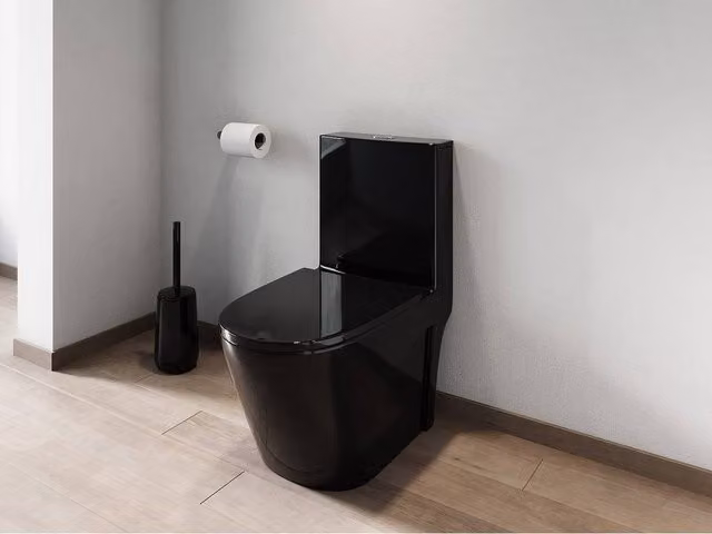 Vente-unique NAGILAM Gloss Black Ceramic Floor-Standing WC with Vertical Outlet and Soft-Close Seat, H 78.5 x W 39.0 x D 69.0 cm