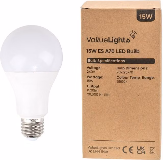 ValueLights 10 Pack E27 LED Light Bulbs, 15W, 1520lm, Cool White 6500K, White