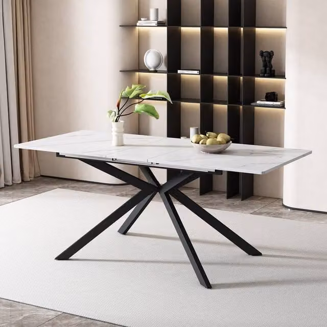 BTM Modern Rectangular Extendable Dining Table in White Marble with Synchronised Pull-Out, W/D/H: 150 x 60 x 75.5 cm (Extends to 180 cm)