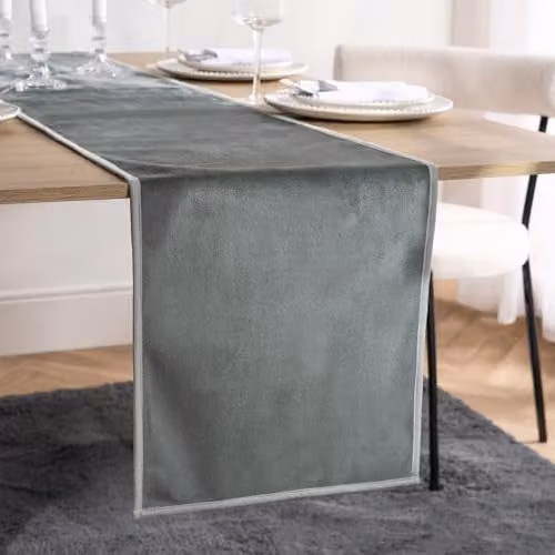 OHS Velvet Table Runner with Piped Trim in Grey and Silver, W/D/H: 35 x 230 cm
