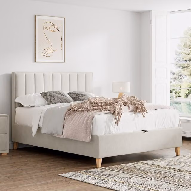 Bedmaster Rhodes Velvet Storage Ottoman Bed in Beige/Grey, W/D/H: 120 x 200 cm