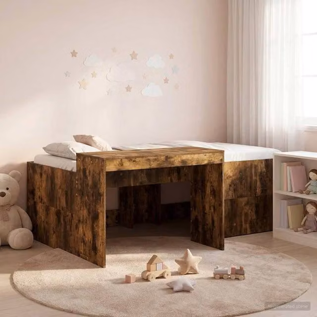 Berkfield Home Kids High Bed Frame with Desk in Smoked Oak Brown, W: 75 cm, L: 190 cm