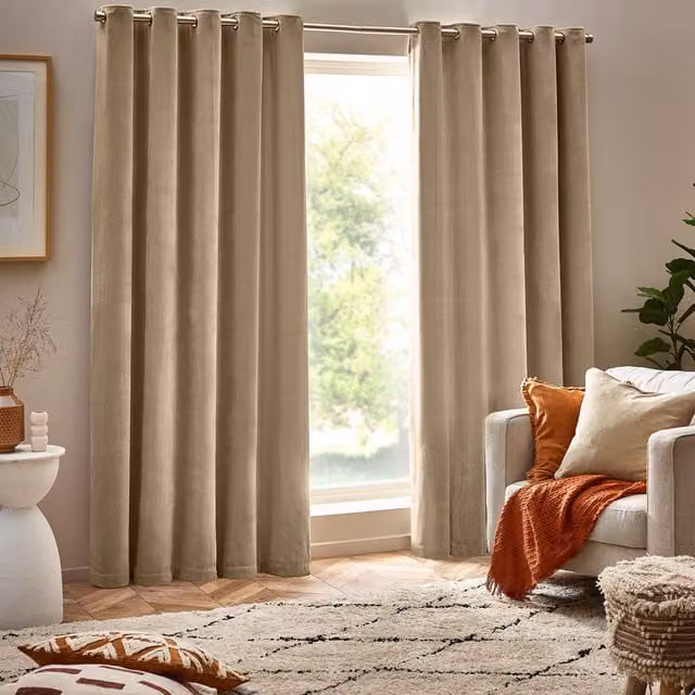 Make It A Home Heavy Chenille Velvet Opaque Eyelet Curtains in Beige and Yellow, Width: 229 cm