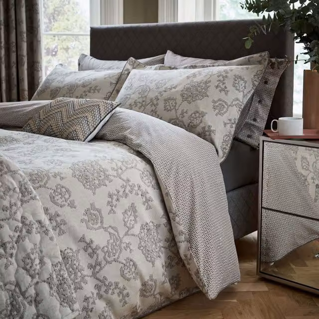 Bedeck Of Belfast Canna Reversible Single Duvet Cover, Grey Cotton Jacquard Floral