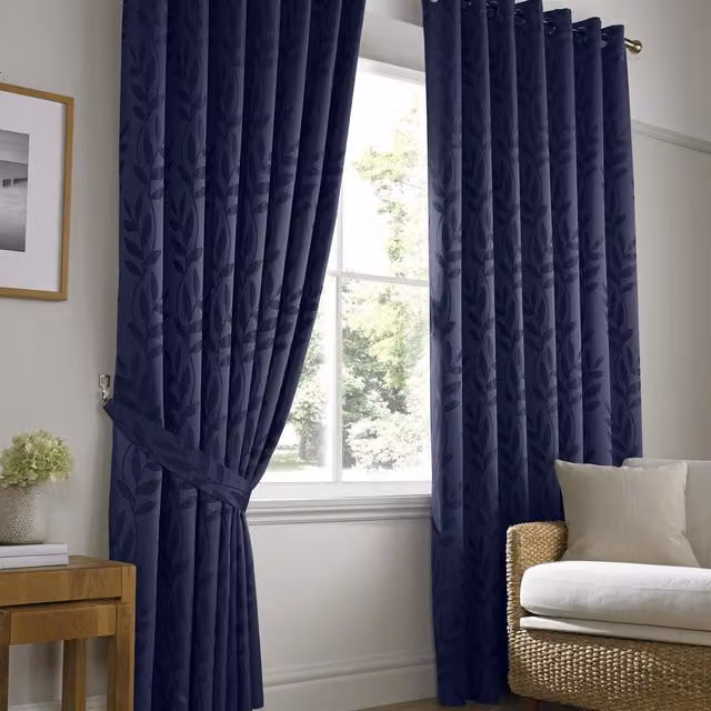 Tivoli Blue Floral Jacquard Fabric Panel Curtains with Rod Pocket, Width: 229 cm