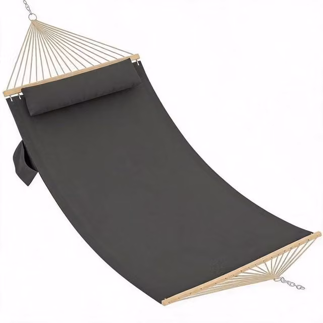 KORVIXA 2 Person Hardwood Spreader Bar Hammock in Black with Cushions, W/D/H: 100 x 100 x 100 cm