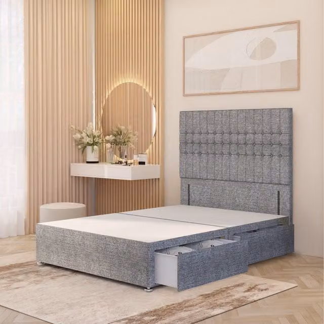 Somnior Beds Ltd Lexington Double Divan Bed Base with 54 inch Floor Standing Headboard in Grey Tweed Fabric, W/D/H: 140 x 200 cm