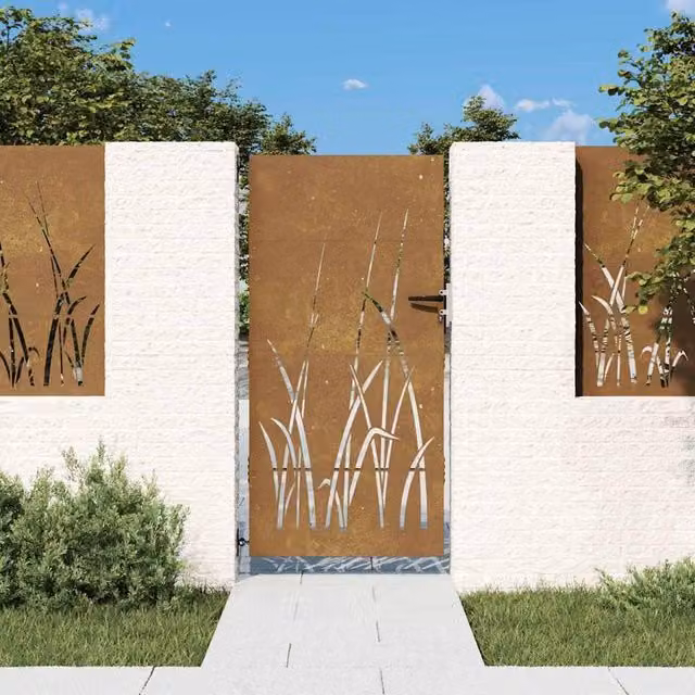 Berkfield Home Garden Gate in Brown Corten Steel with Grass Design, W: 85 cm, H: 175 cm