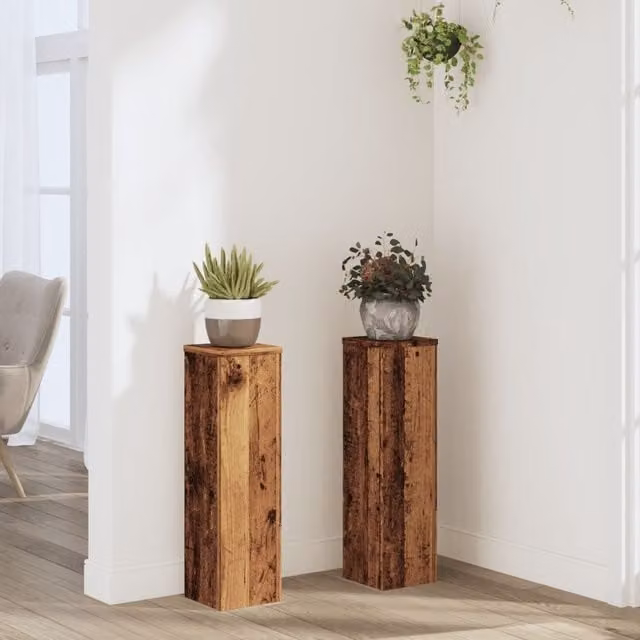 Berkfield Home Set of 2 Modern Brown Engineered Wood Plant Stands, W/D/H: 17 x 17 x 60 cm