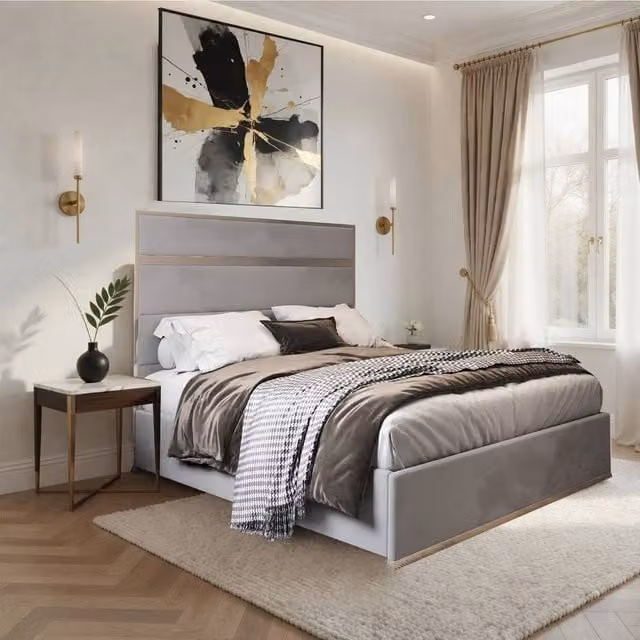 Casani Fladbury Upholstered Velvet Designer Bed Frame in Grey, W/D/H: 140 x 200 x 137 cm