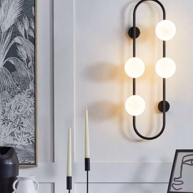 Wyld and Coco Ring Wall Lamp in Black Metal with Four Transparent Glass Globes, 70 cm