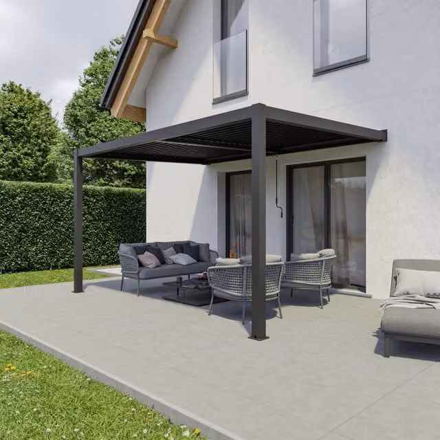Agadon Wall Mounted Aluminium Lean-to Pergola Shading System in Matt Grey, W/D/H: 395.8 x 298.8 x 250.6 cm