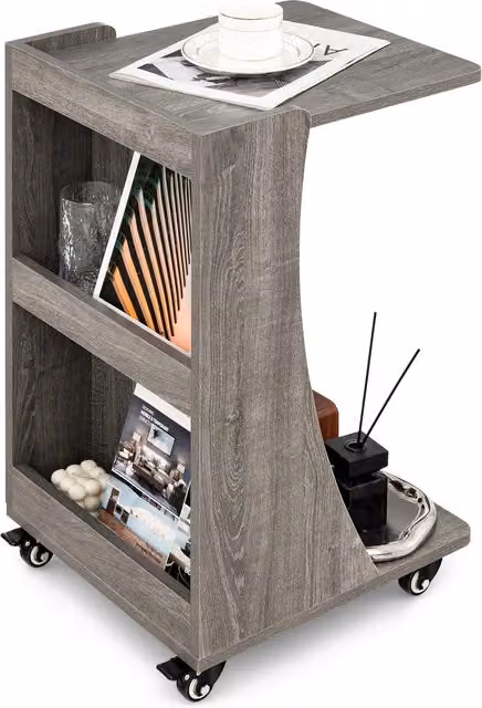 COSTWAY Modern C Shaped End Table in Grey with Castors and MDF Laminate Finish