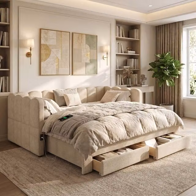 Merax Beige Upholstered Extendable Daybed with 2 Storage Drawers and USB Charging Ports, W/D/H: 90 x 190 cm