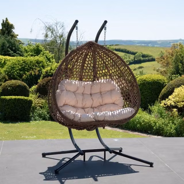 Artemis Home Modern Double Garden Hanging Egg Chair in Beige and Black Polyrattan with Fabric Cushions