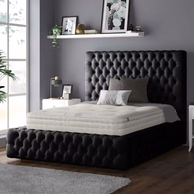 IH Design Royal Cushioned Chesterfield Plush Velvet Bed Frame, Black, W/D/H: 90 x 190 cm