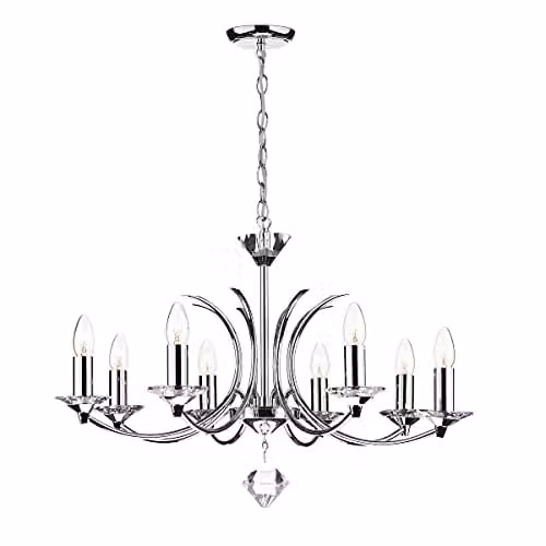 DAR Medusa 8 Light Candle Chandelier in Chrome and Silver with Transparent Glass, H 72 cm x W 142 cm x D 72 cm