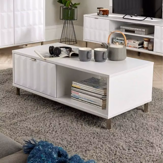 Home Source Siena Modern High Gloss Coffee Table Storage Unit with 1 Drawer, White