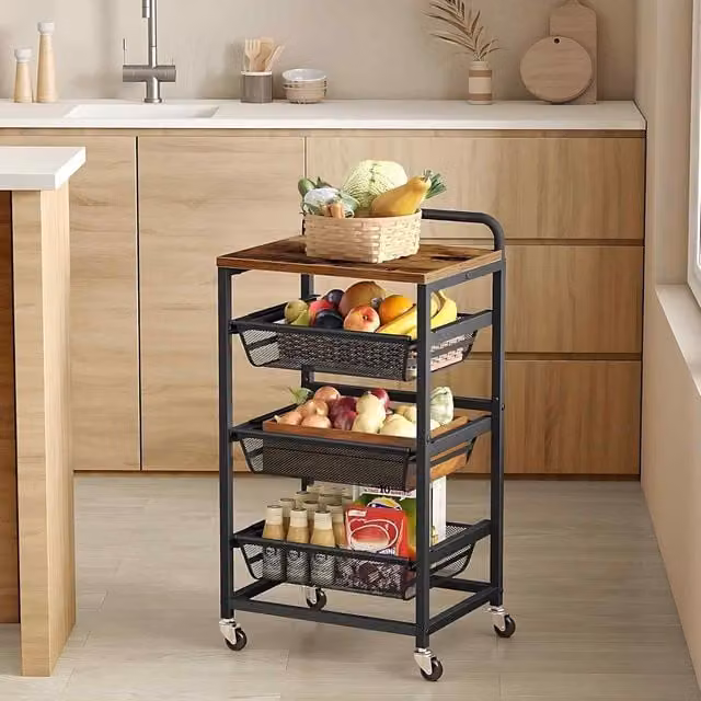 The Bazaarist 4 Tier Rolling Kitchen Trolley with Pull Out Baskets in Rustic Brown and Matt Ink Black
