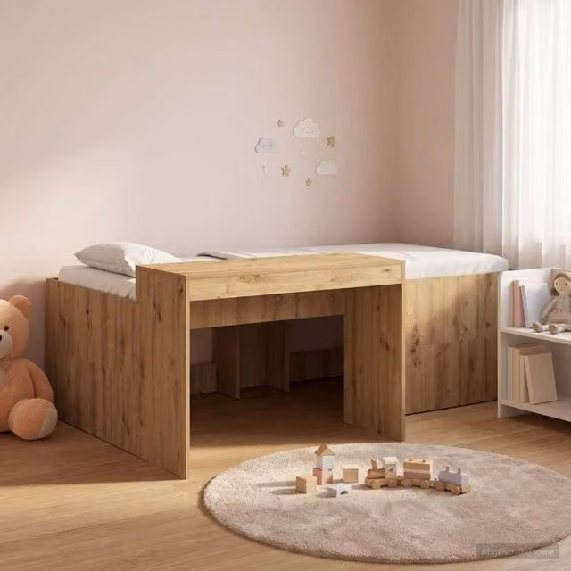 Berkfield Home Kids High Bed Frame with Desk in Artisan Oak Brown, W: 75 cm x L: 190 cm