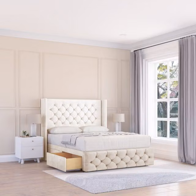 Sloomy Luthor Plush Velvet Wingback Bed Set with Floor Standing Headboard in Beige, Small Single