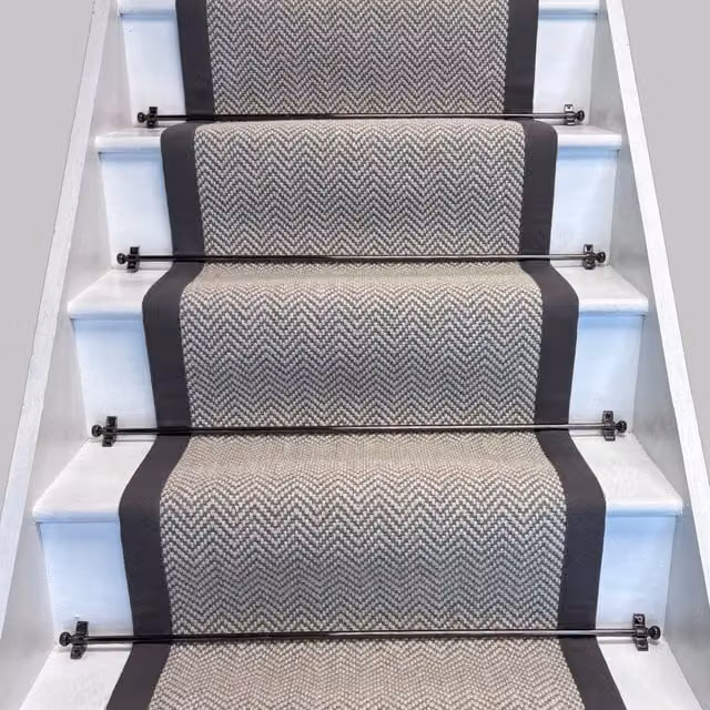 RainbowHome Herringbone Dapple Pure Wool Stair Runner with Grey Cotton Border in White, W: 65 cm, L: 700 cm