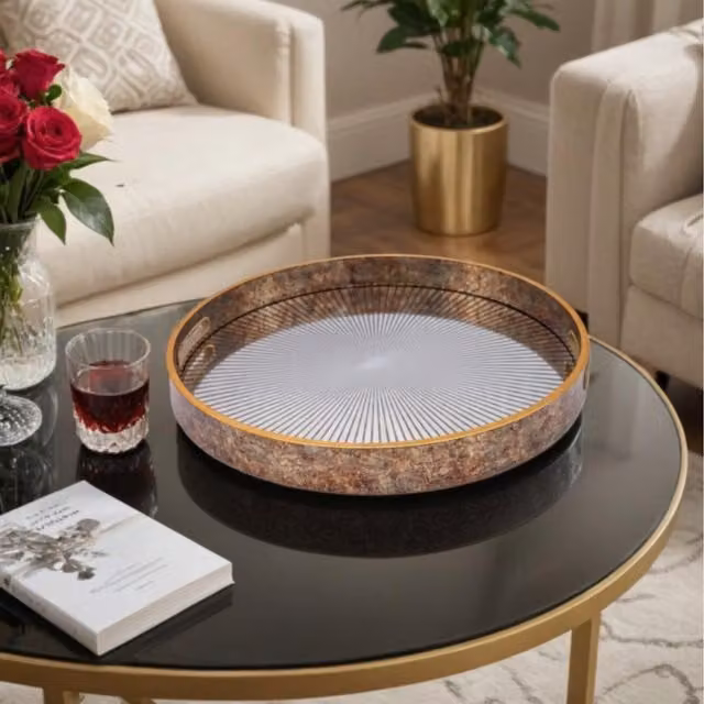 Maison Des Cadeaux Round Sunburst Geometric Metal Decorative Tray in Bronze