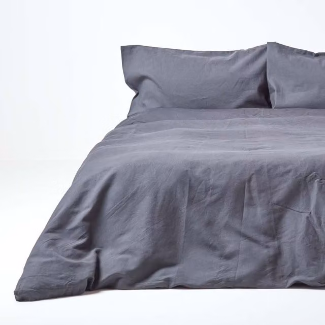 Homescapes Plain Grey Linen and Combed Cotton Duvet Cover Set with Pillowcase, W: 200 cm x H: 200 cm