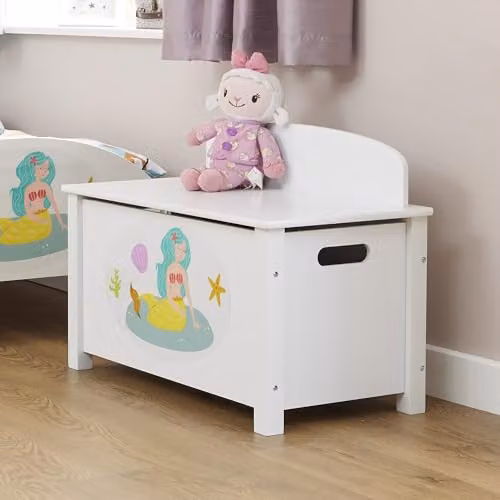 Liberty House Toys Mermaid Wooden Toy Box in White with Soft Close Lid, W/D/H: 68 x 37.5 x 47.5 cm