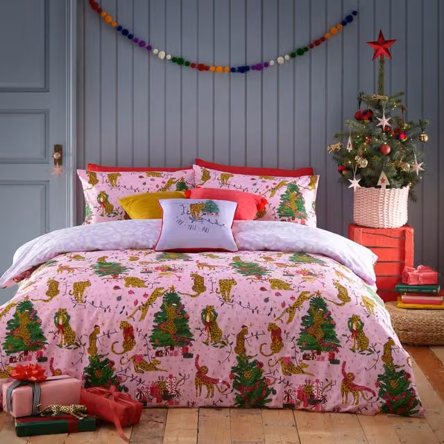 Make it a Home Reversible Graphic Christmas Duvet Cover Set, Pink, W: 140 cm, L: 200 cm