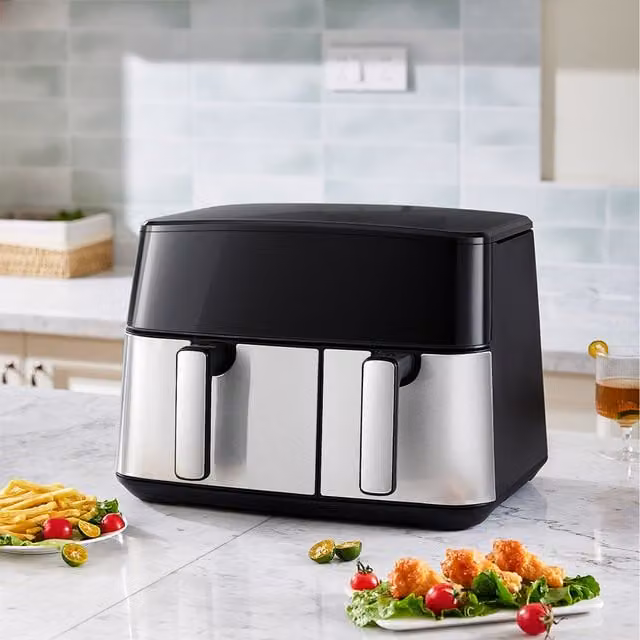 Komore Dual Zone Air Fryer with Digital Touch Screen and Stainless Steel Finish, Black