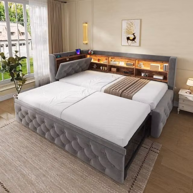 BTM Single Velvet Daybed in Dark Grey with LED Under-Bed Lighting, USB Charging Port and Storage Shelf, W/D/H: 90 x 190 cm