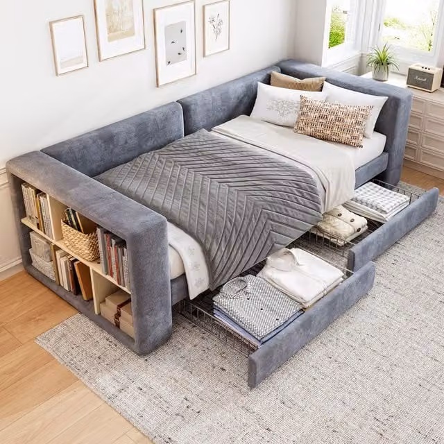 Matteo Grey Velvet Upholstered Single Daybed Sofa Bed with Storage Drawers, W/D/H: 90 x 190 cm
