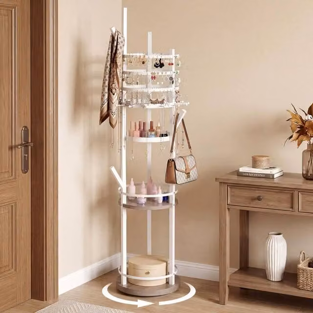 Costway Rotating Jewelry Display Tower with Earring and Necklace Holder in White and Multicolour